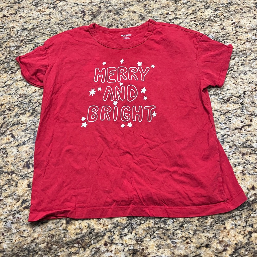Old Navy Womens‎ Merry and Bright Christmas Graphic T-Shirt Red Large L Holiday